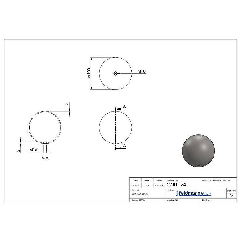 Hollow ball Ø 100mm with M10 thread, AISI304