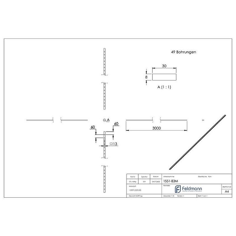 Lochleiste S235JR, 30x8mm, Lochabstand 60mm, 3000mm
