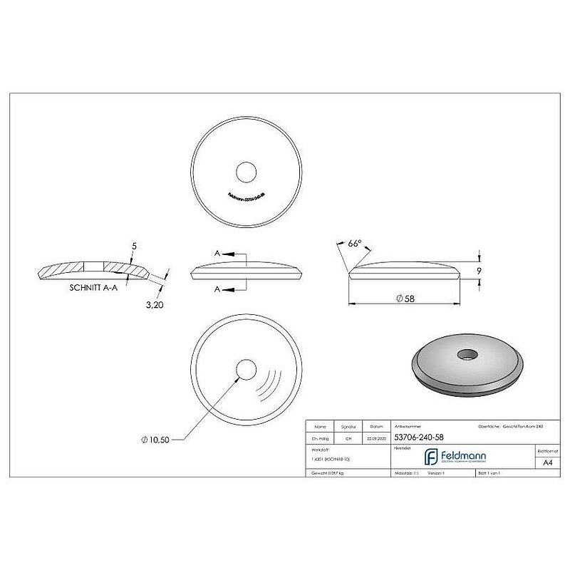 Round plate Ø 58x5mm, domed, with round cut, AISI304