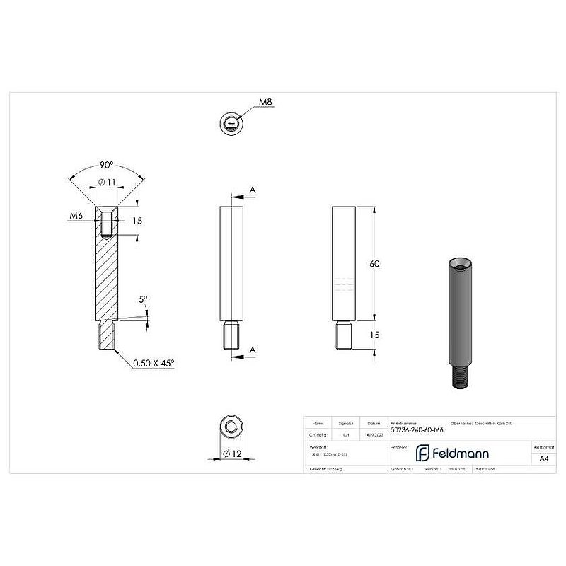 Tige Ø 12mm, L: 60mm, V2A