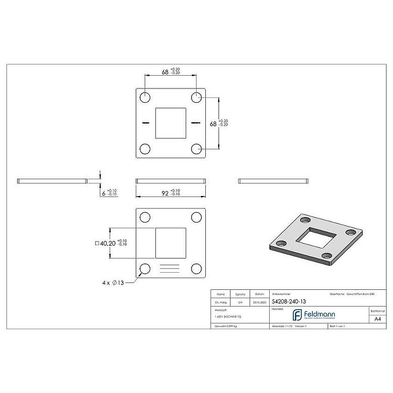 Plaque d'ancrage, 92x92x6mm, avec ponçage longitudinal, V2A