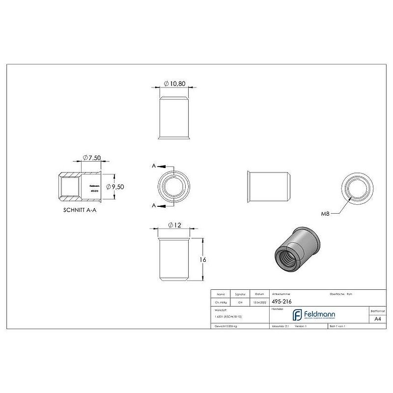 Écrou à sertir aveugle, V2A M8/trou 11mm, V2A