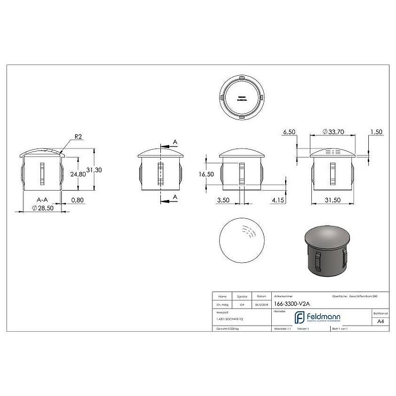 Bouchon pour extrémité de tube, pour tube 33,7x2,0 - 2,5mm, V2A