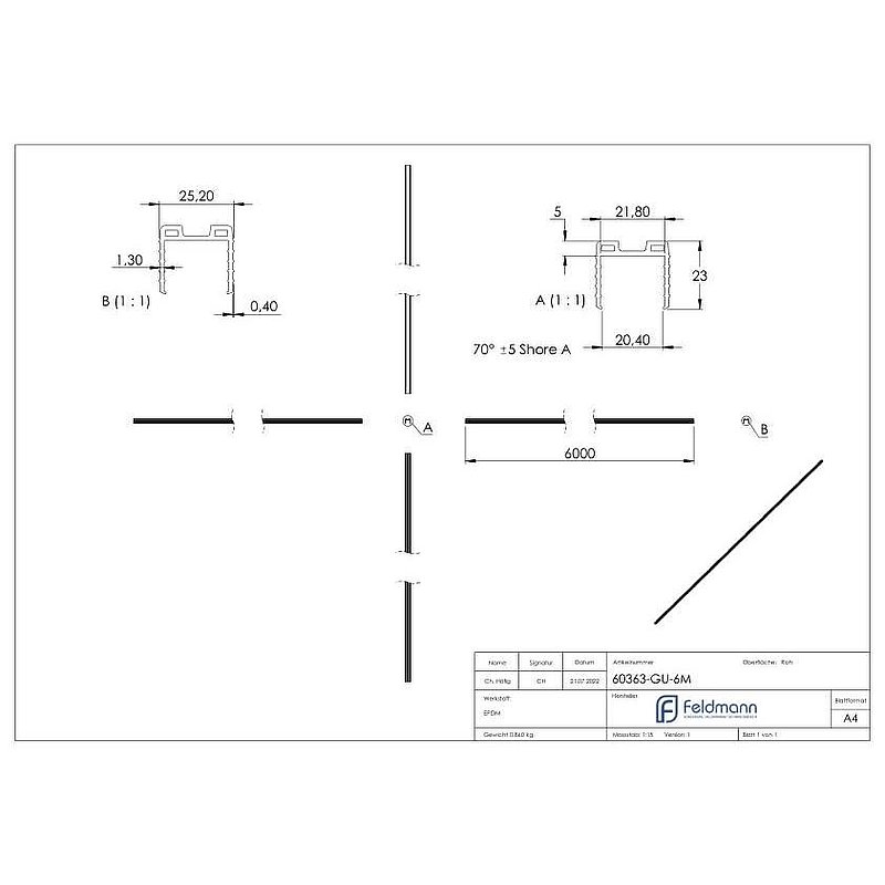 Wedge seal for glass 20.76 - 21.52mm, for groove 24x24mm, 6m