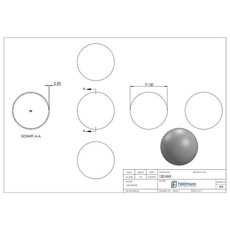 Boule creuse en fer Ø 120x2,0 - 2,5mm