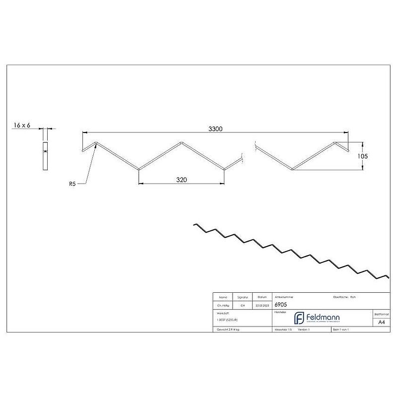 Decorative lattice bar S235JR, 16x6mm, L: 3300mm