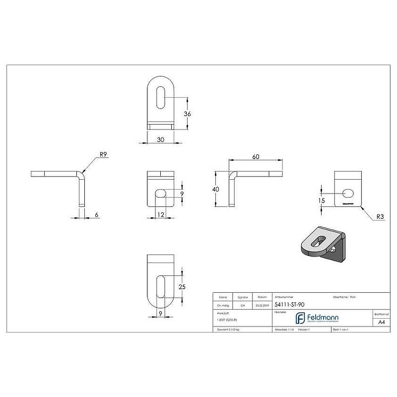 Angle welding bracket, 60x40x30x6mm