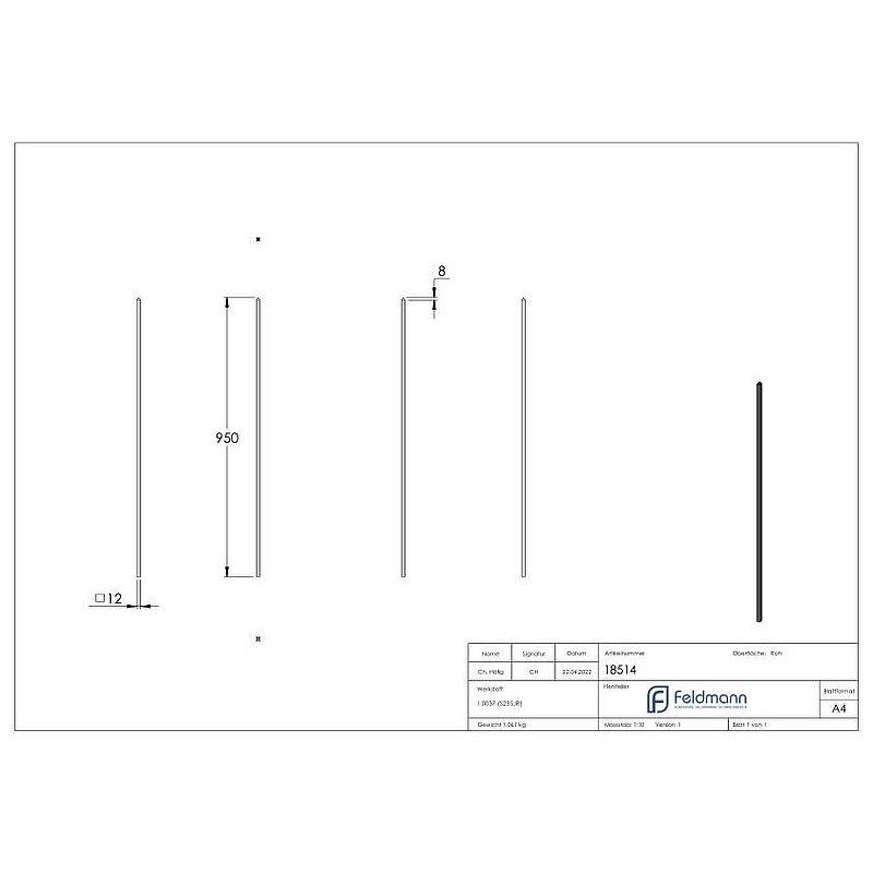 Barre de clôture 12x12mm, H : 950mm, pointe en forme de pyramide