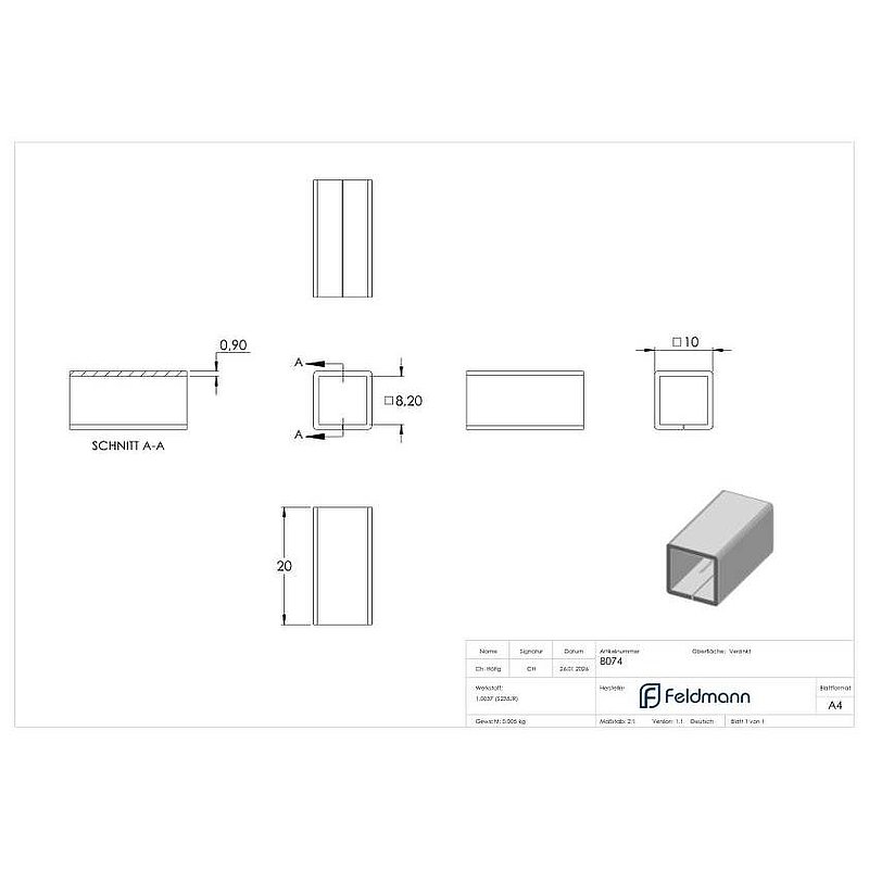 Ausgleichshülse von 8x8 auf 10x10mm, verzinkt
