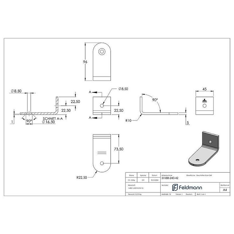 Languette coudée pour poignées de tirage pour tube 42,4mm, V2A