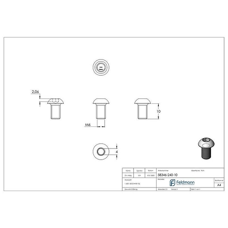 Round-head screw M6x10, AISI304, DIN 7380-1