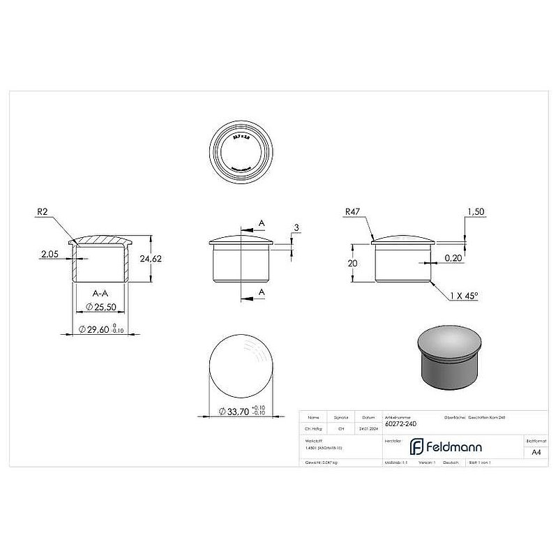 Tube end plug, for tube 33.7x2.0mm, AISI304