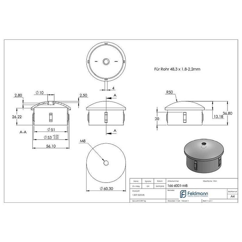 Bouchon en acier, pour tube 60,3mm