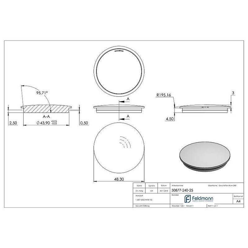 Rohrabschlussstopfen, für Rohr 48,3x2,5mm, V2A