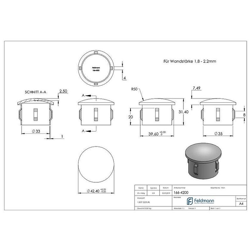 Steel end cap, for tube 42.4mm