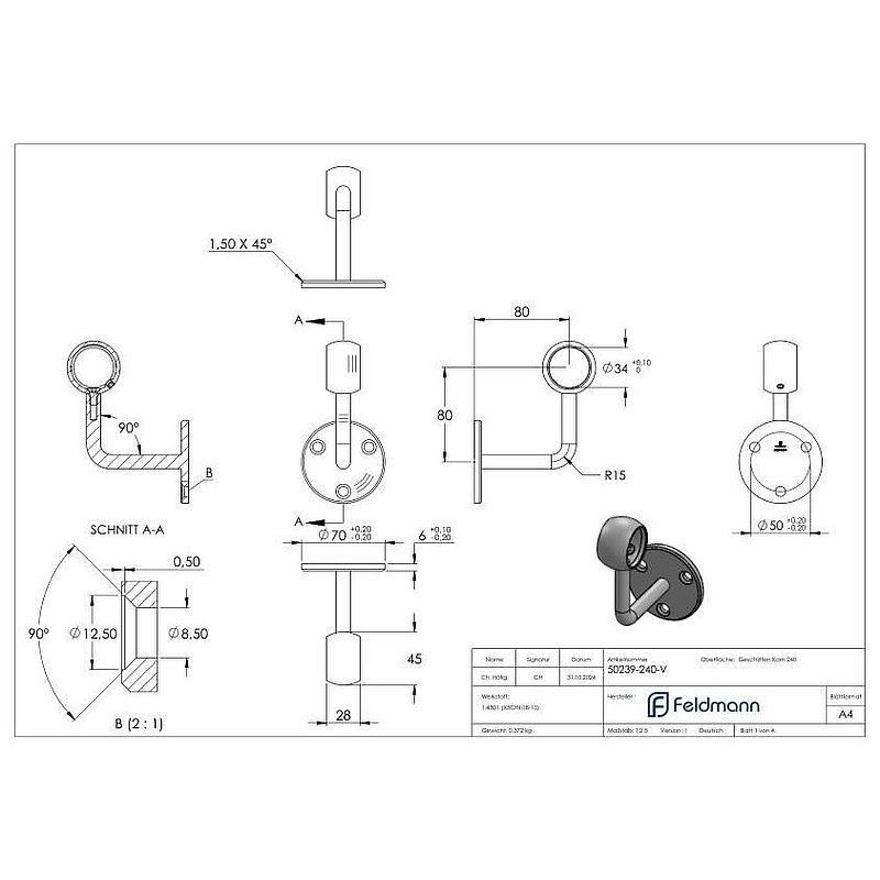 Handlaufhalter mit Kugelring für Rohr 33,7mm (Ronde und Bügel verschweißt), V2A