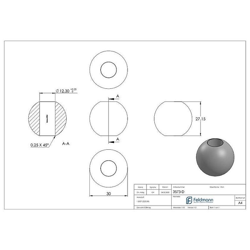 Massivkugel 30mm, mit Durchgangsbohrung 12,3mm