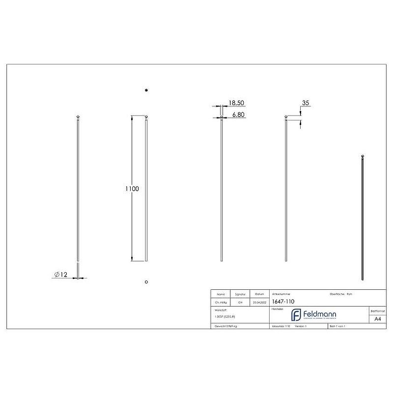 Fence bar Ø 12mm, H: 1100mm, conical with button semicircular