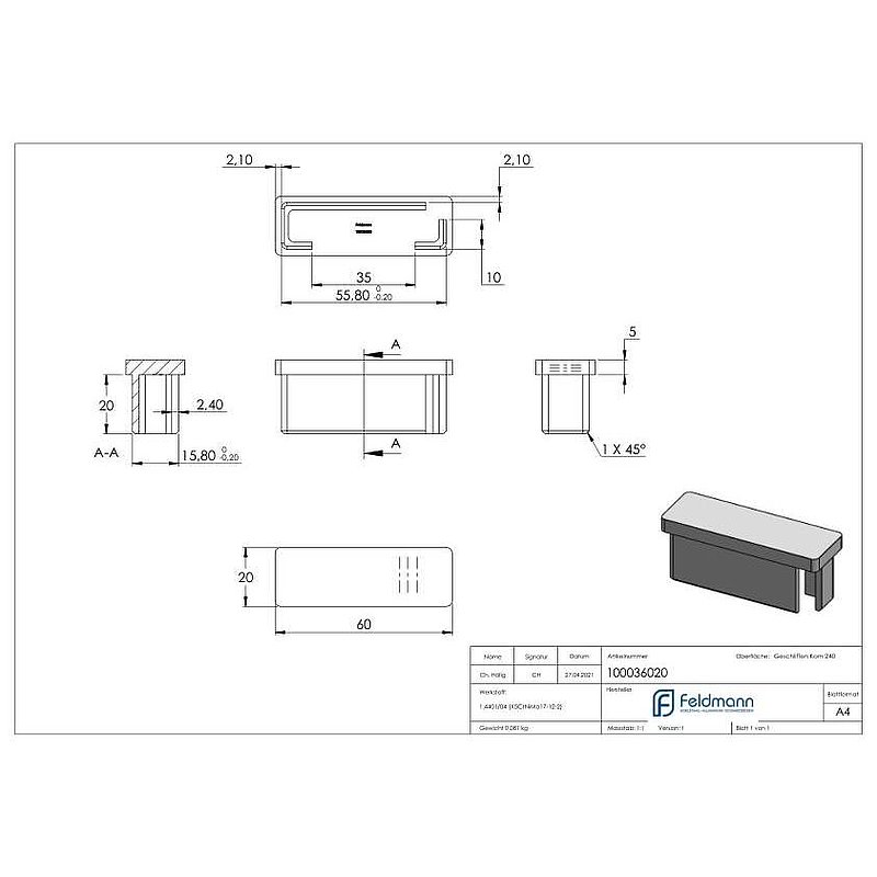 Capuchon à enfoncer, pour tube 60x20x2,0mm, V4A