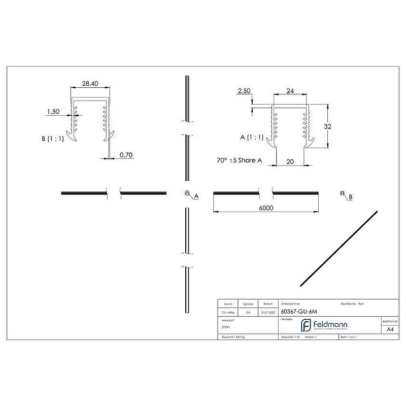 Keildichtung Glas 20,76 – 21,52mm, für Nut 27x30mm, 6m