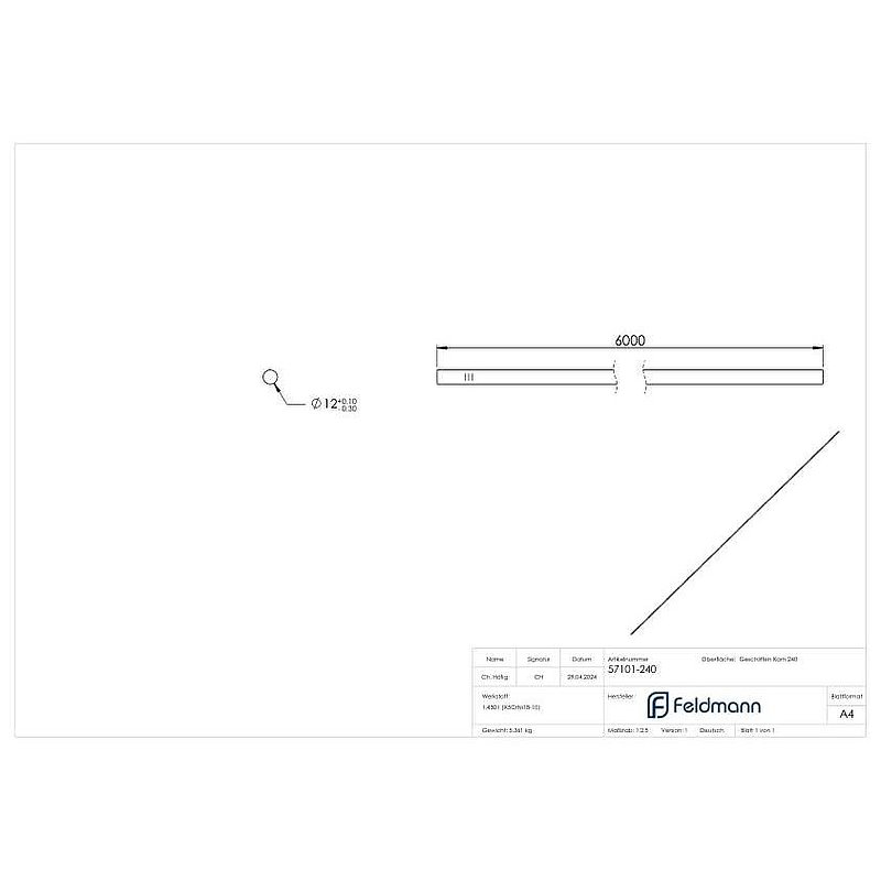Barre ronde acier inoxydable, Ø 12mm, L: 6000mm, V2A