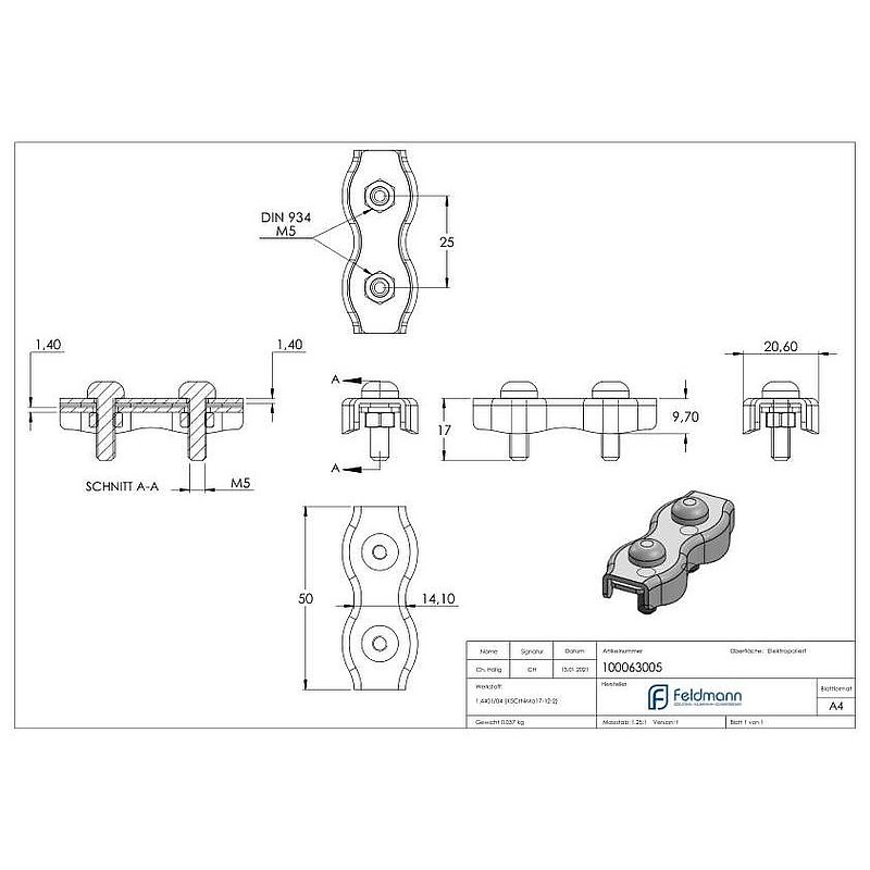 Duplex clamps for rope 5mm, AISI316