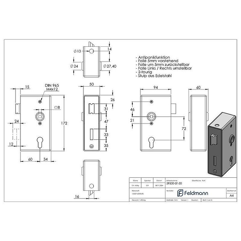 Anti-panic lock with lock case 50 x 94 x 172mm, with change function E, DIN R & L