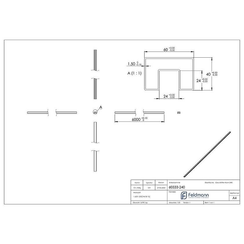 Rectangular grooved tube, 60x40x1.5 mm, L: 6000mm, AISI304