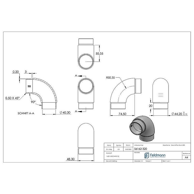 Rohrbogen 90°, für Rohr 48,3x2,0mm, V2A