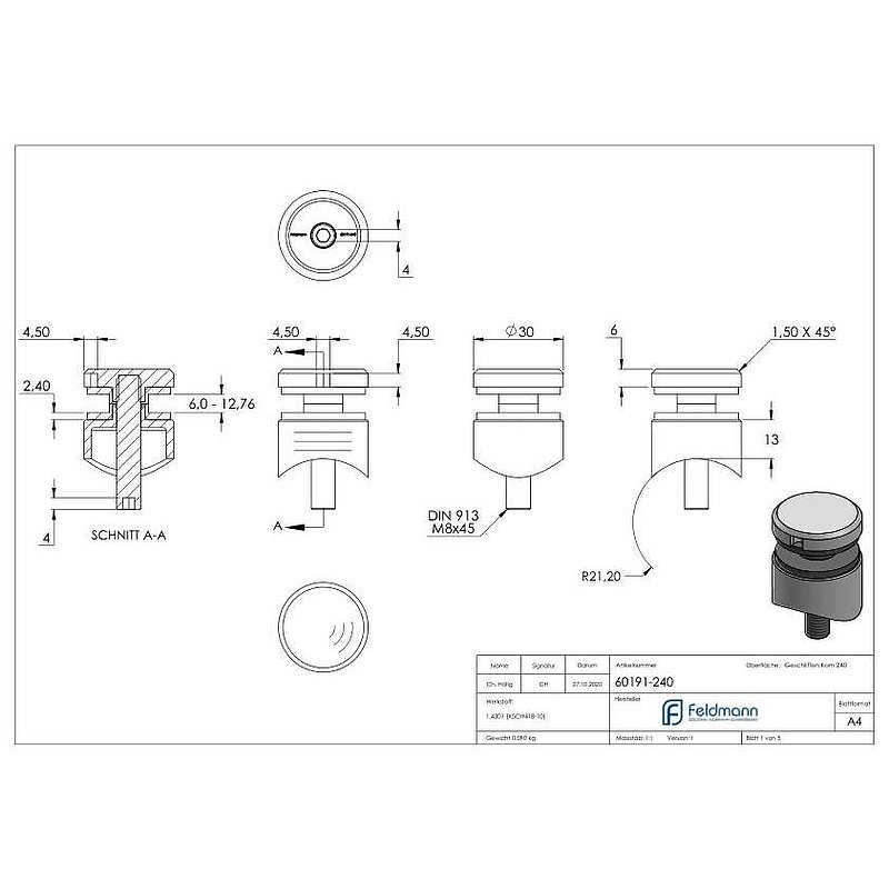 Glass point holder 30mm, connection: 42.4mm, AISI304