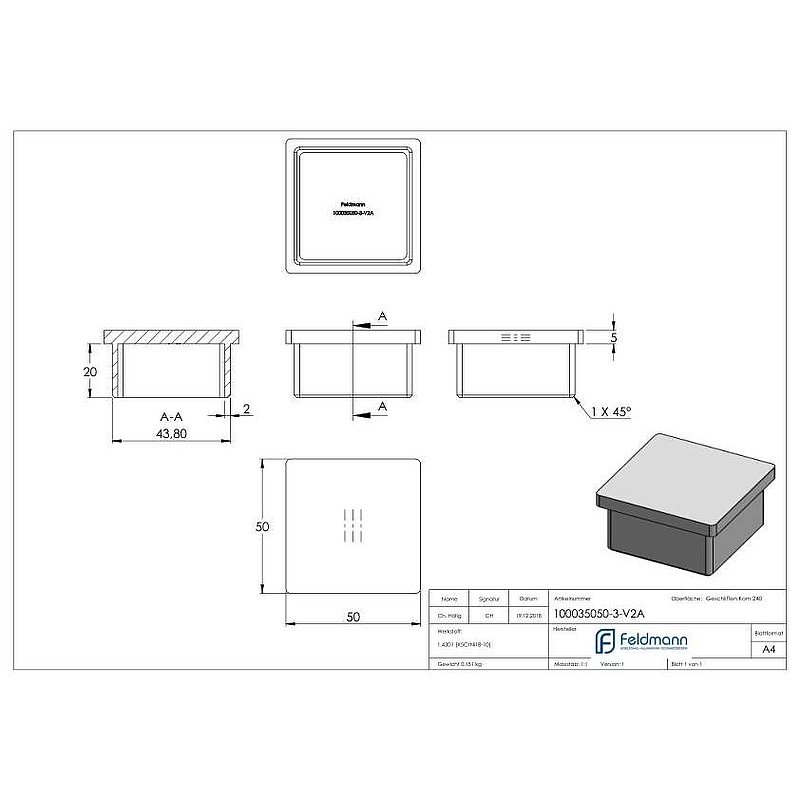 Capuchon à enfoncer pour tube carré 50x50x3,0mm, V2A