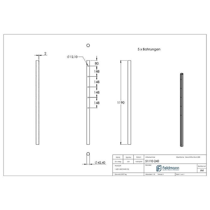 Stainless steel post made of 42.4 mm x 2.0 mm tube, AISI304