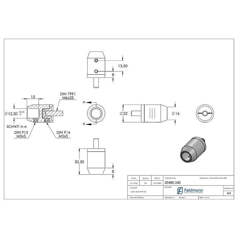 Querstabhalter (zum Stoßen vorne) gerader Anschluss, Bohrung vorne 12,2mm, V2A