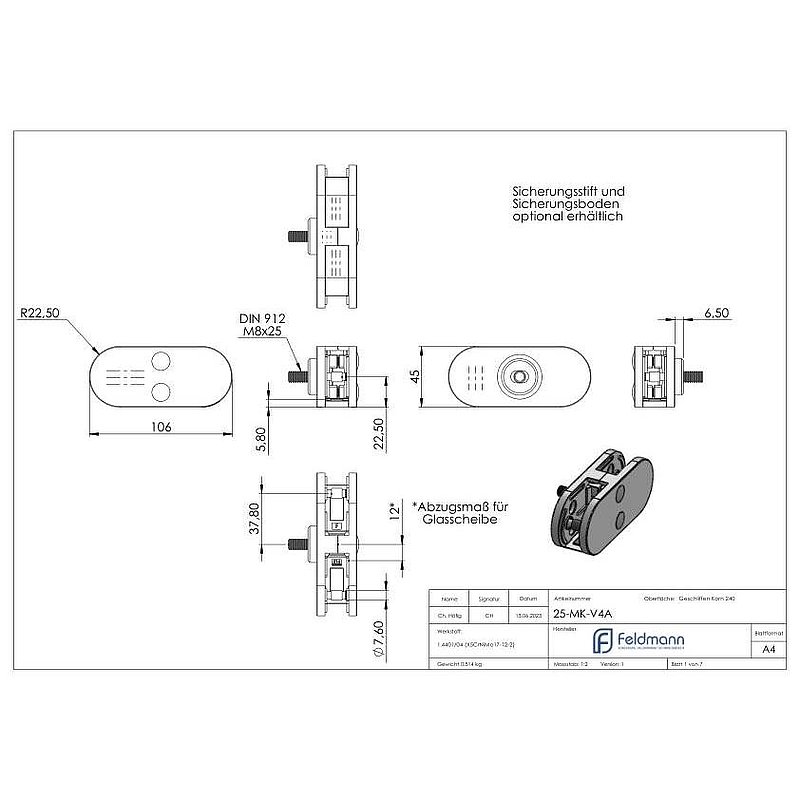 Pince à verre de liaison 180° modèle 25, V4A