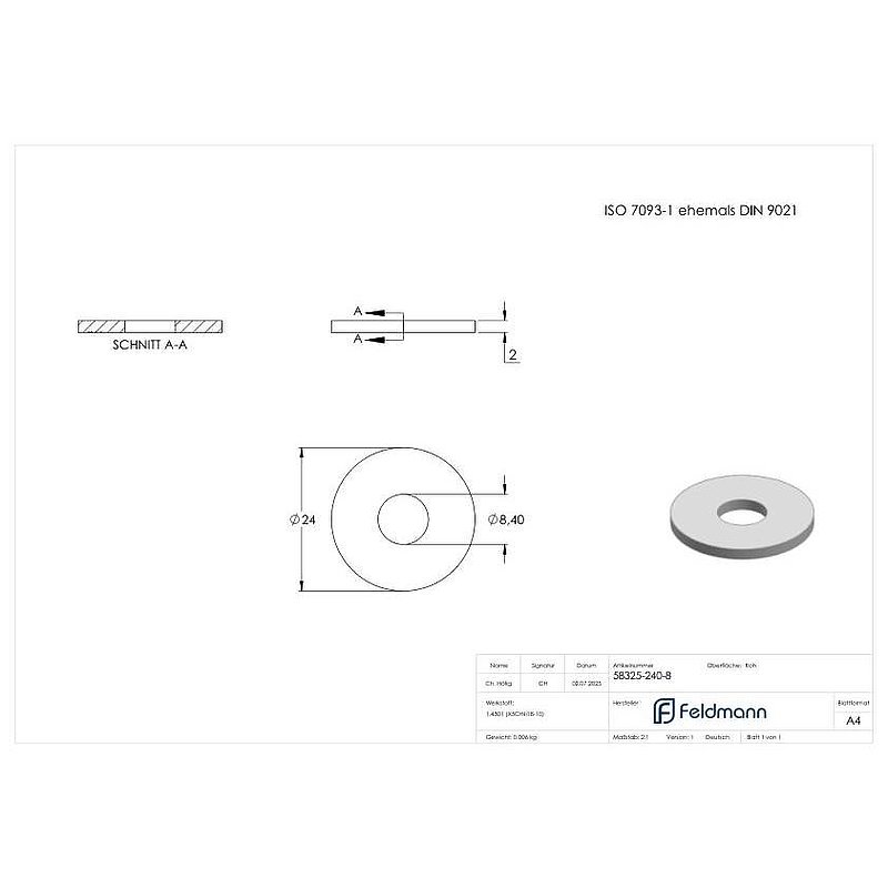Large washer for M8 screws, ISO 7093-1, AISI304