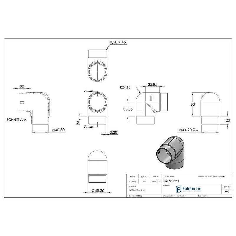 Tube coudé à 90° étroit, pour tube Ø 48,3x2,0mm, V2A