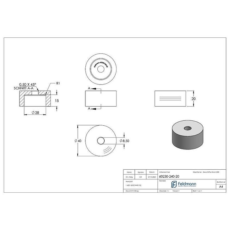 Entretoise Ø 40mm, avec trou de passage, ép.: 20mm, V2A