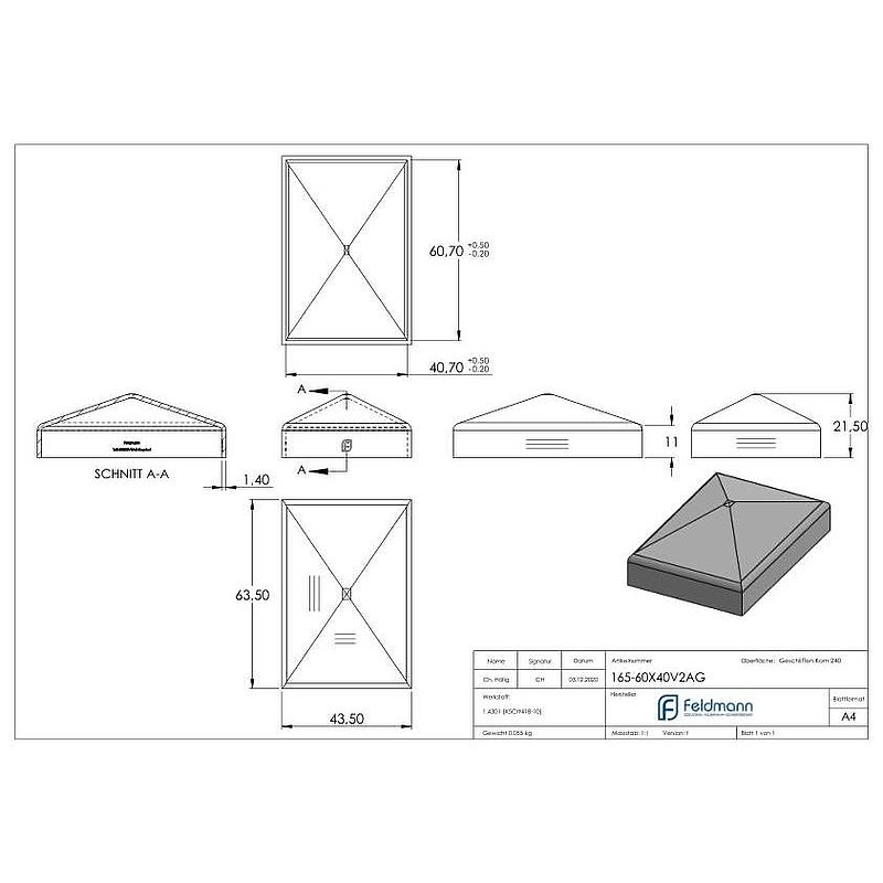 Chapeau pyramidal pour tube rectangulaire 60x40mm, poli, V2A