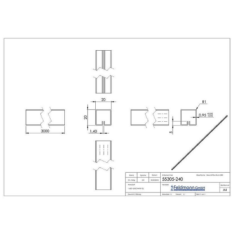 Profilé de serrage, 20x20x1,0mm, L: 3000mm, V2A