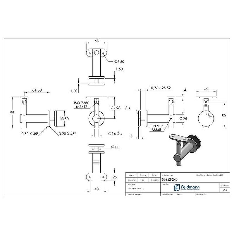 Handrail holder for glass, hinge, handrail connection plate flat, AISI304