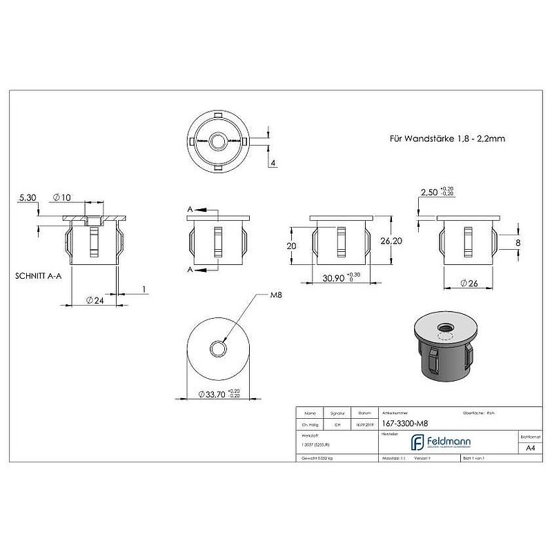 Bouchon en acier, pour tube 33,7mm