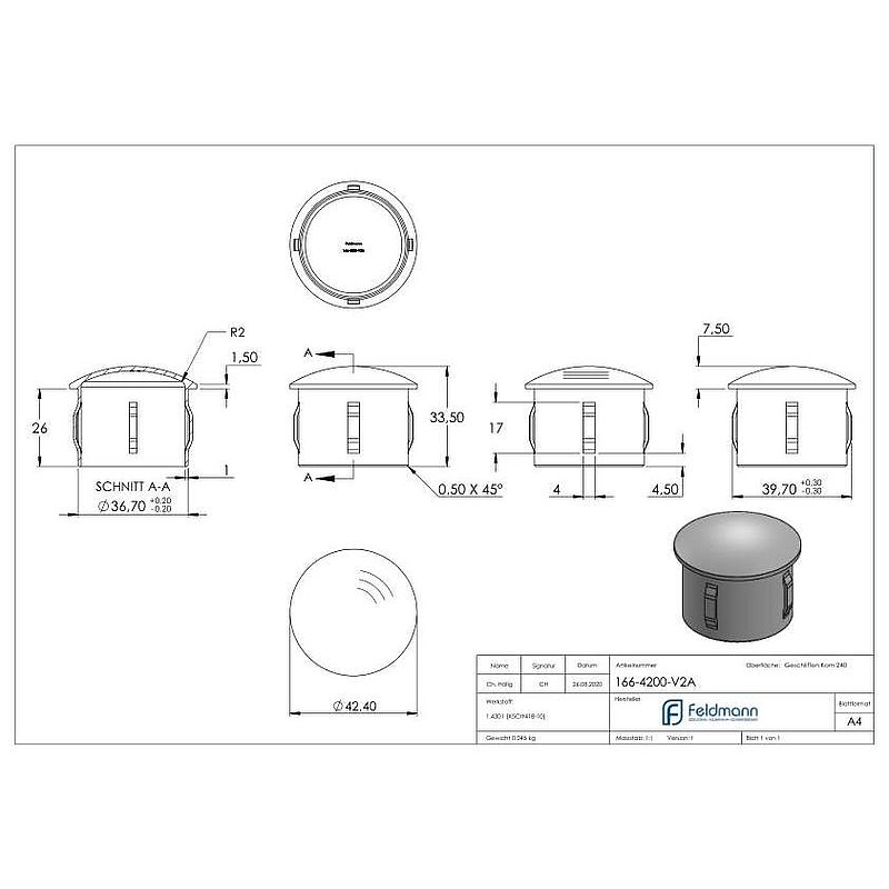 Bouchon pour extrémité de tube, pour tube 42,4x2,0 - 2,5mm, V2A