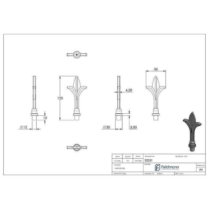 Elément d'ornement en fer de lance Ø 12mm, 125x55mm