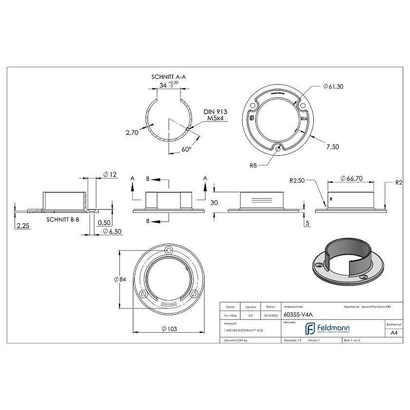 Wall mounting for grooved tube 60.3x1.5mm, AISI316