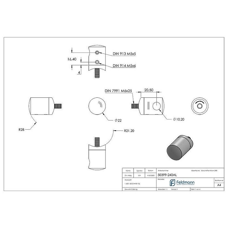 Cross bar end bracket for 42.4mm tube with blind hole left 10.2mm, AISI304