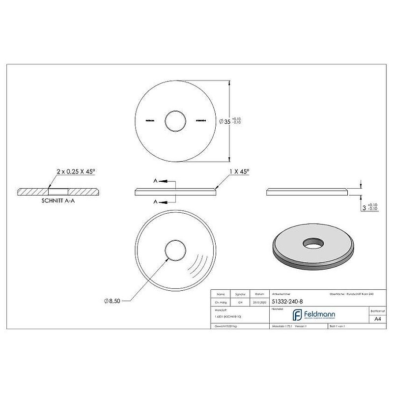 Beilagscheibe 35x3mm mit Fase, Bohrung 8,5mm, V2A