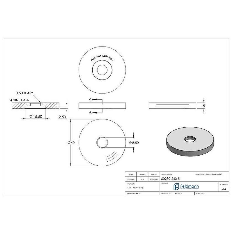 Entretoise Ø 40mm, avec trou de passage, ép.: 5mm, V2A
