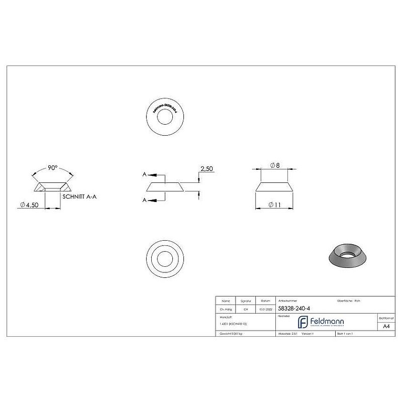 Screw rosette for countersunk screws M4 DIN 7991 / ISO 10642, AISI304