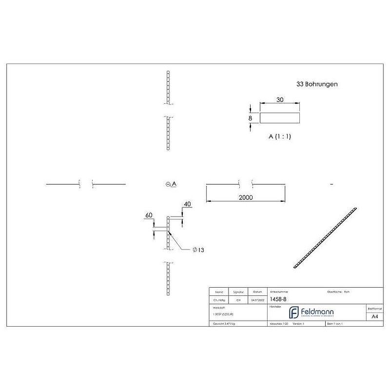 Lochleiste 30x8mm, Lochabstand 60mm, 2000mm
