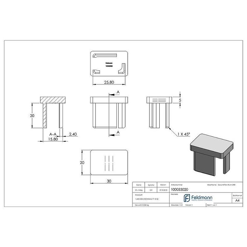Capuchon à enfoncer, pour tube 30x20x2,0mm, V4A